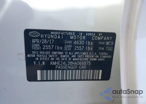 2017 Hyundai Sonata Hybrid Se z USA, uszkodzony, nr VIN KMHE24L38HA066875
